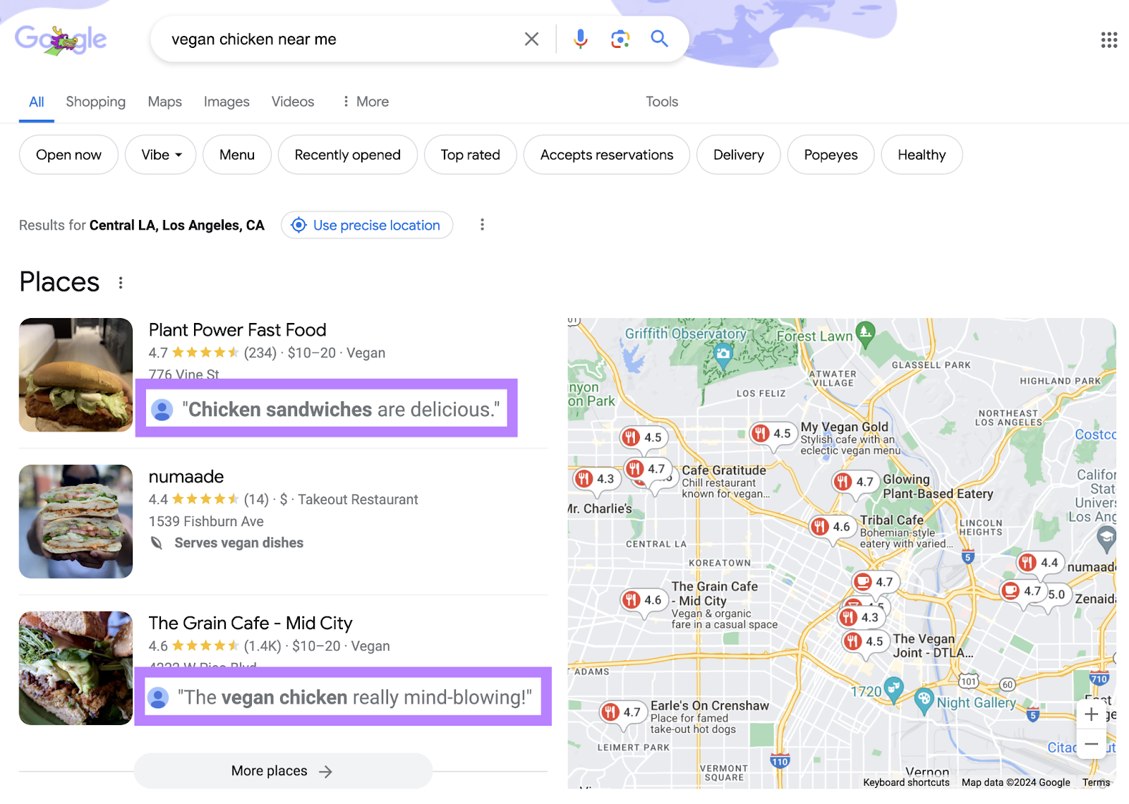 local pack results show reviews with keyword