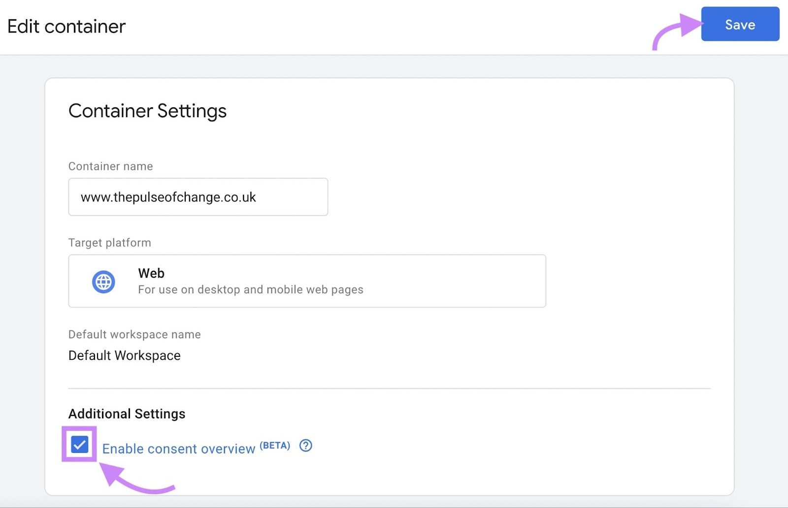 “Enable consent overview” box checked