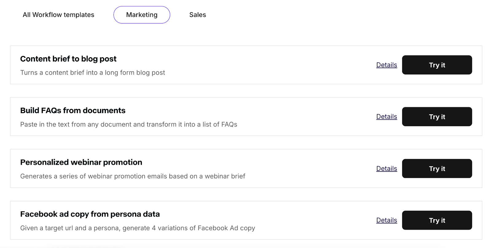 ai copywriting templates for marketing include content brief to blog post, build faqs from documents, facebook ad copy from persona data, and more