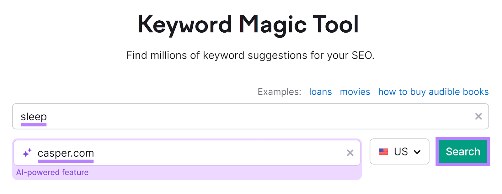 Semrush Keyword Magic Tool start with keyword and domain entered and Search button highlighted