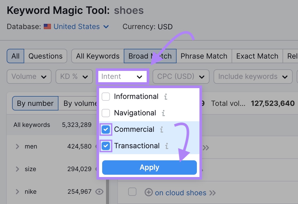 "Intent" filter drop-down menu in Keyword Magic Tool