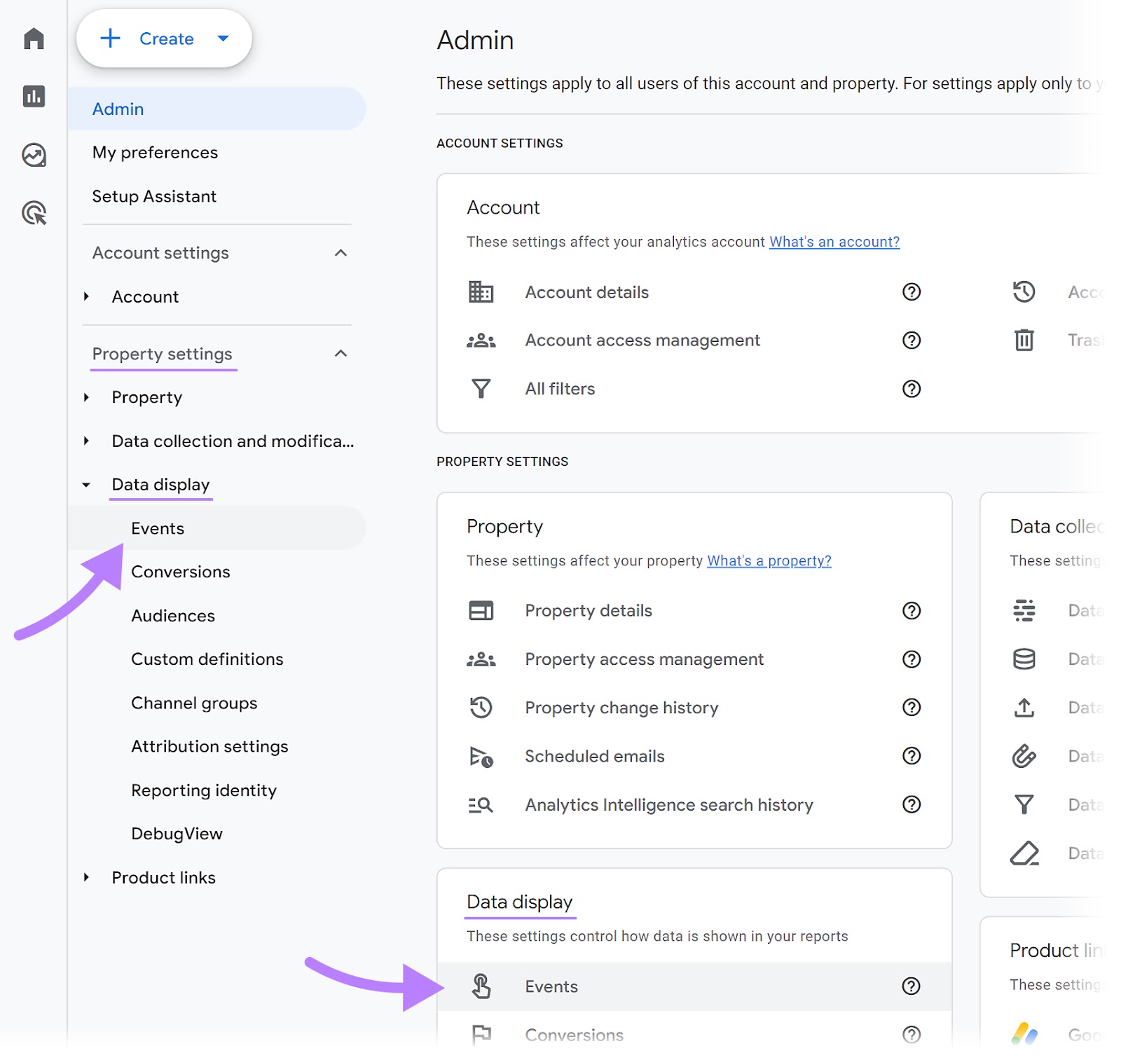 Navigating to "Events" > "Data display" in Google Analytics admin menu