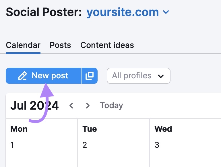 "New post" on the top left of Semrush's Social Poster clicked