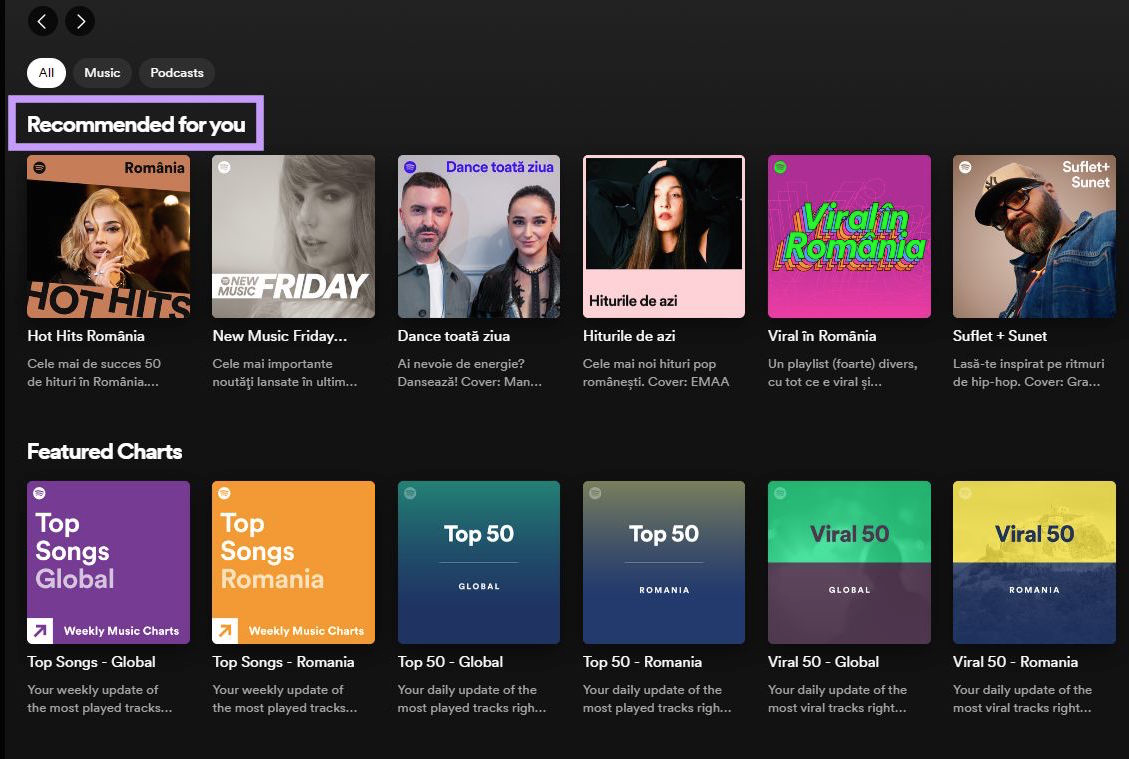 Spotify dashboard showing custom recommendations based on the users location, preferences and browsing history.