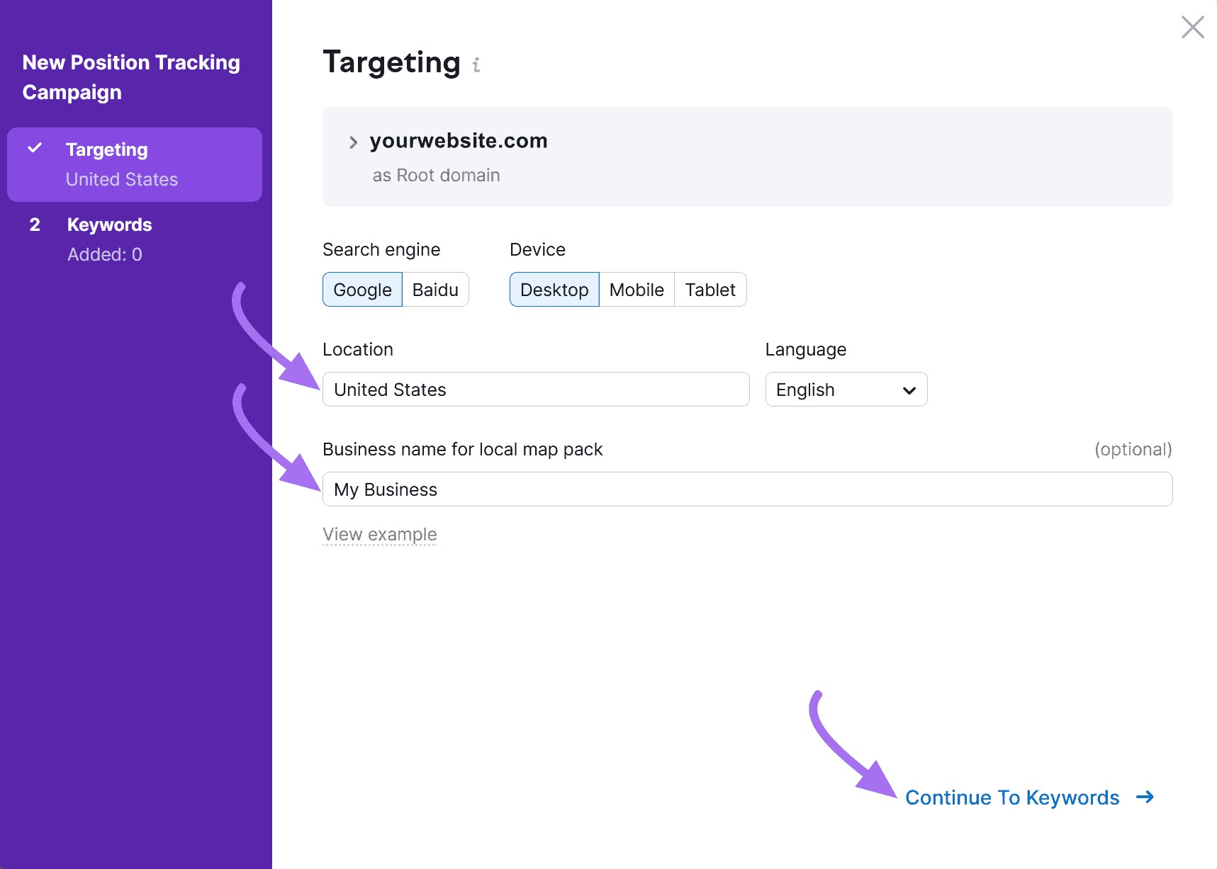 "Targeting" window in Position Tracking Settings