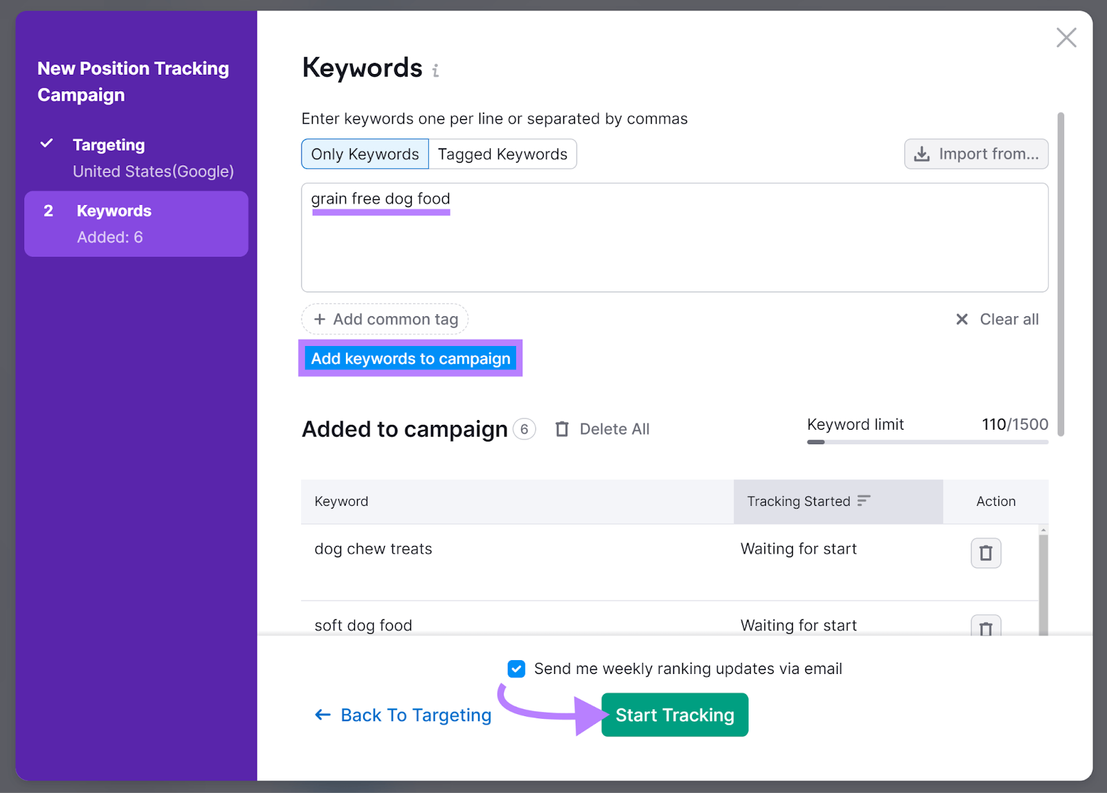 Keyword configuration step with arrow pointing to Start Tracking button