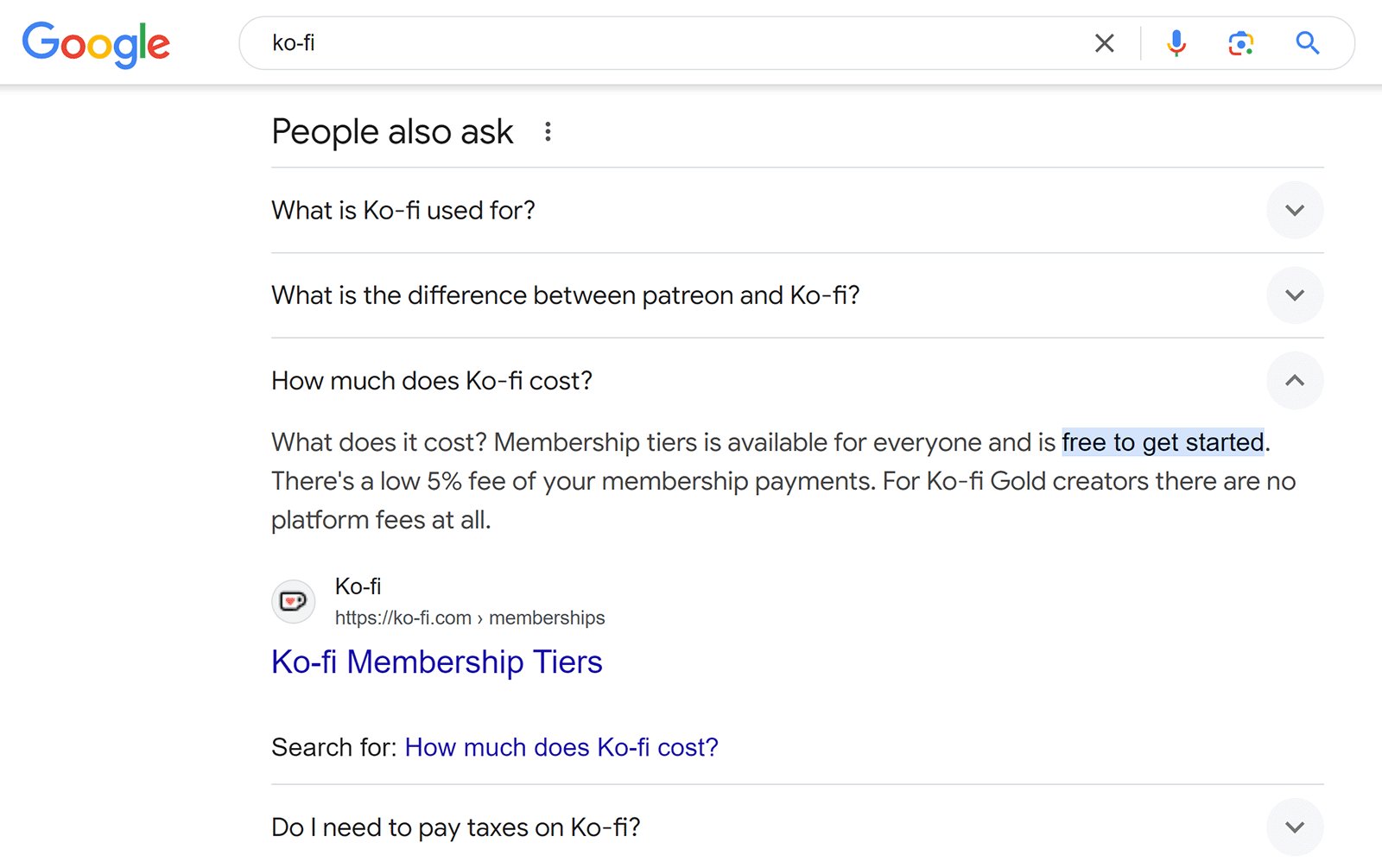 Google SERP for 'ko-fi' showing expanded question in People Also Ask section