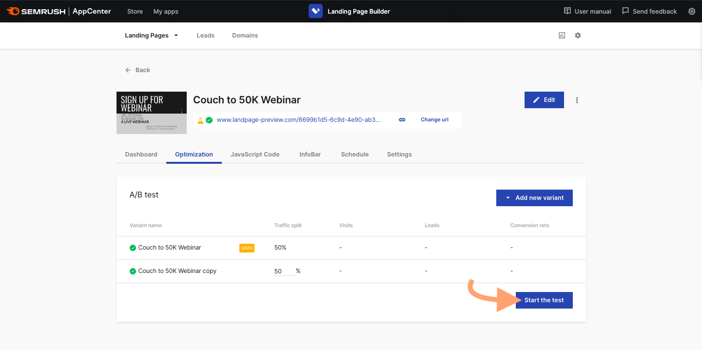 The optimization tab in the Landing Page Builder dashboard with the start the test button indicated.
