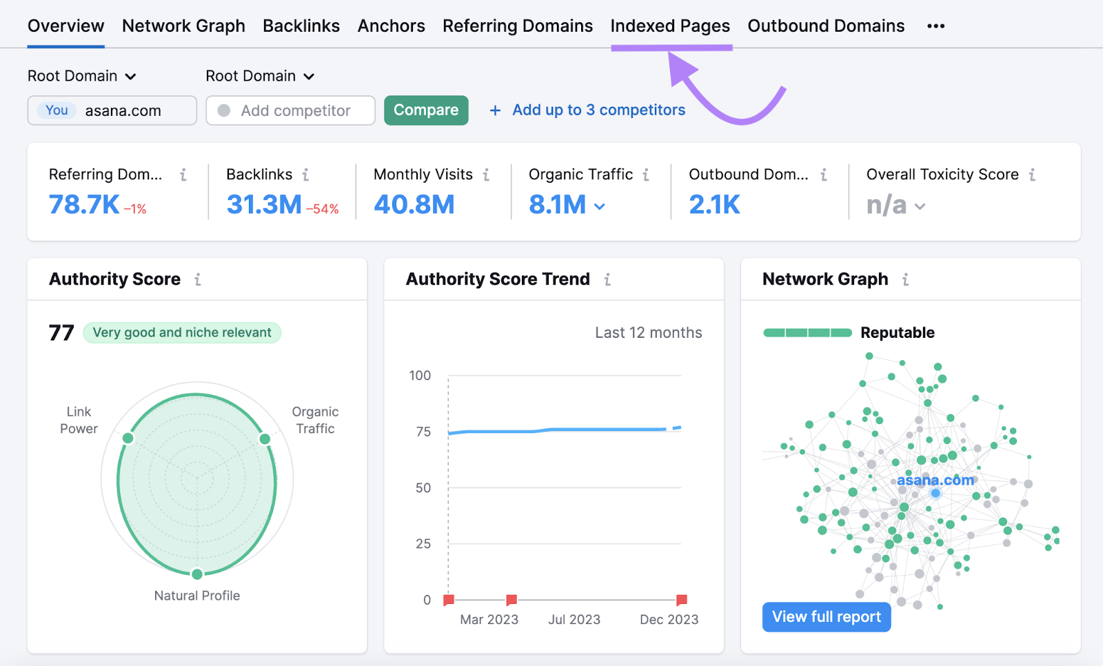 "Indexed Pages" tab highlighted in. Backlink Analytics tool