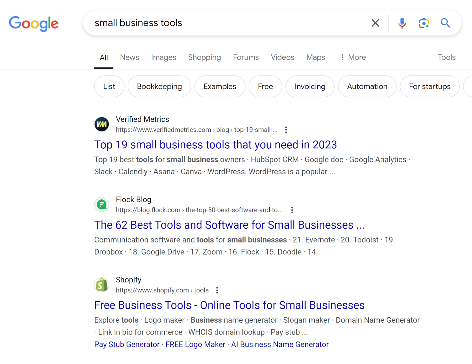 Google SERP for 'small business tools' showing roundup articles