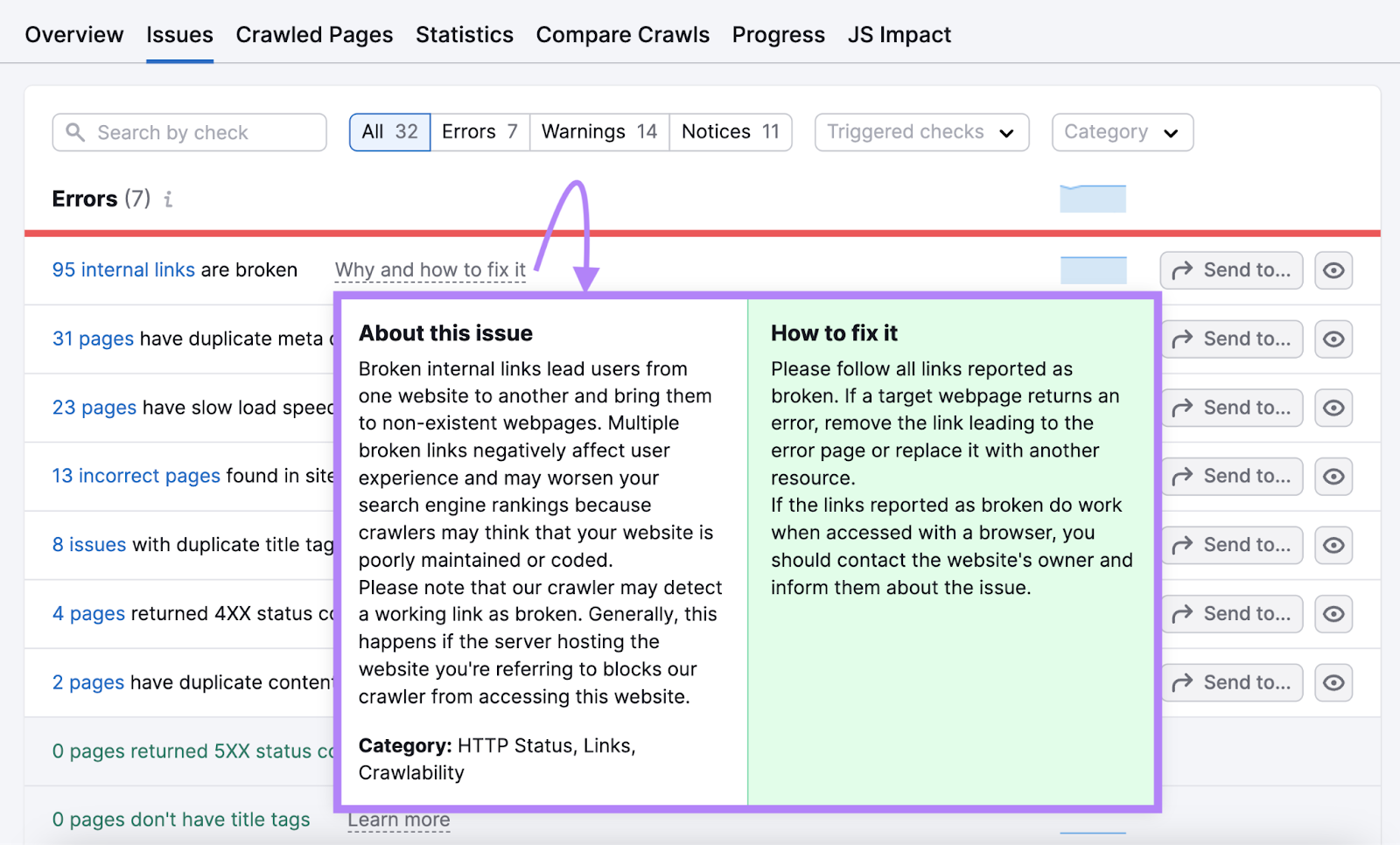 Site Audit interface showing more information about an issue.