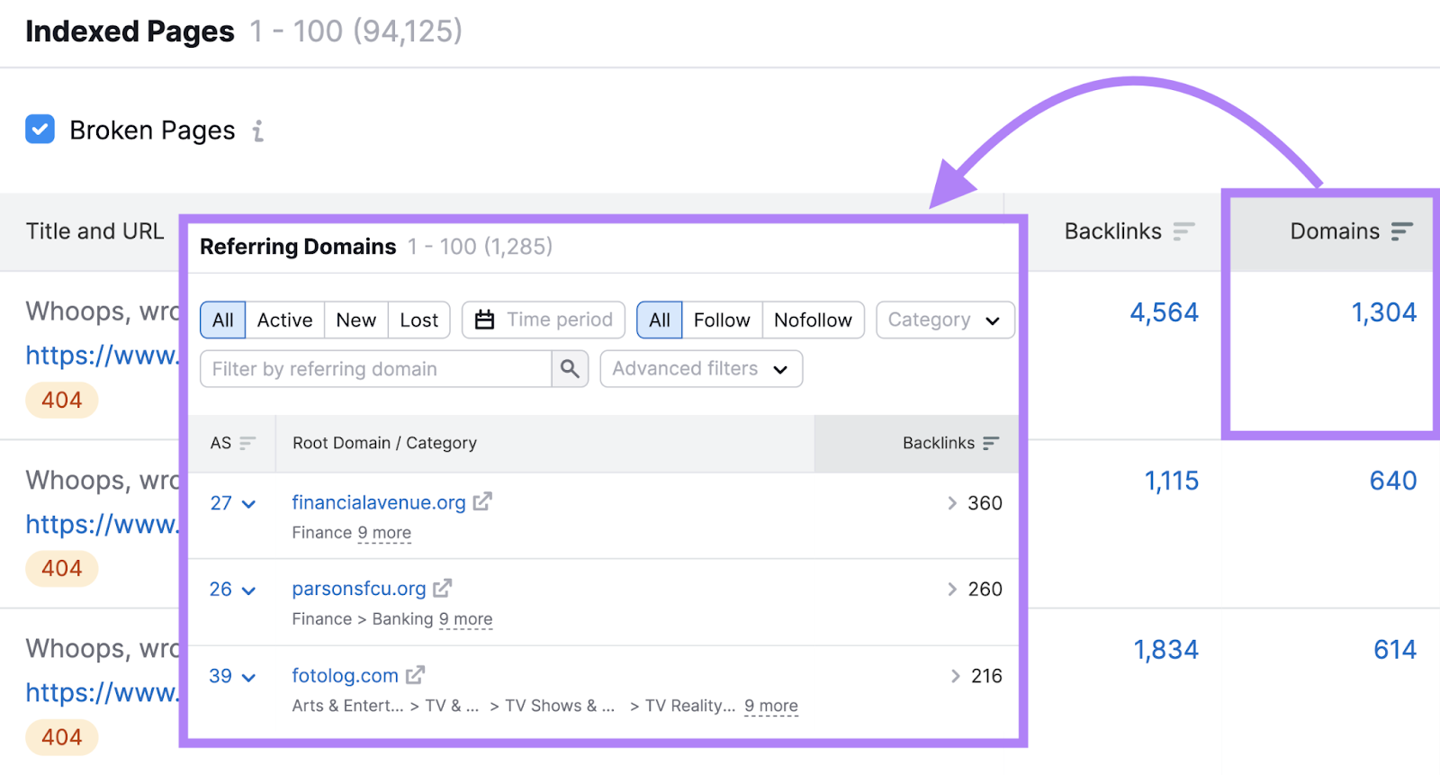 “Referring Domains” column shown