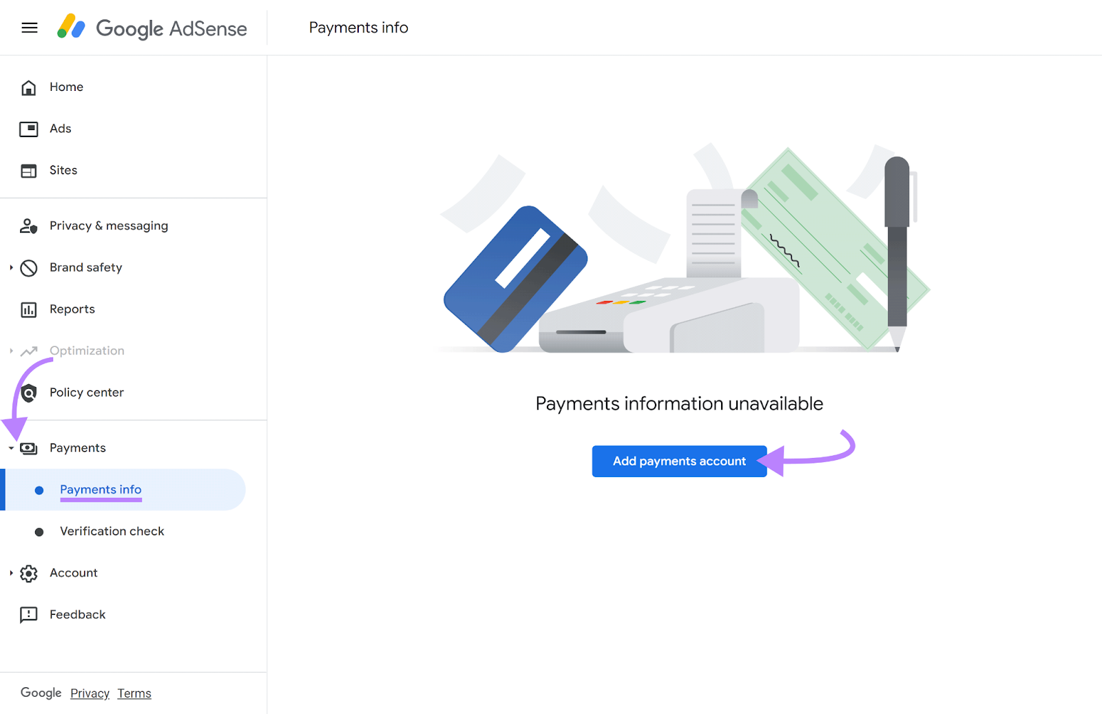 Payments info selected and arrow pointing to Add payments account button