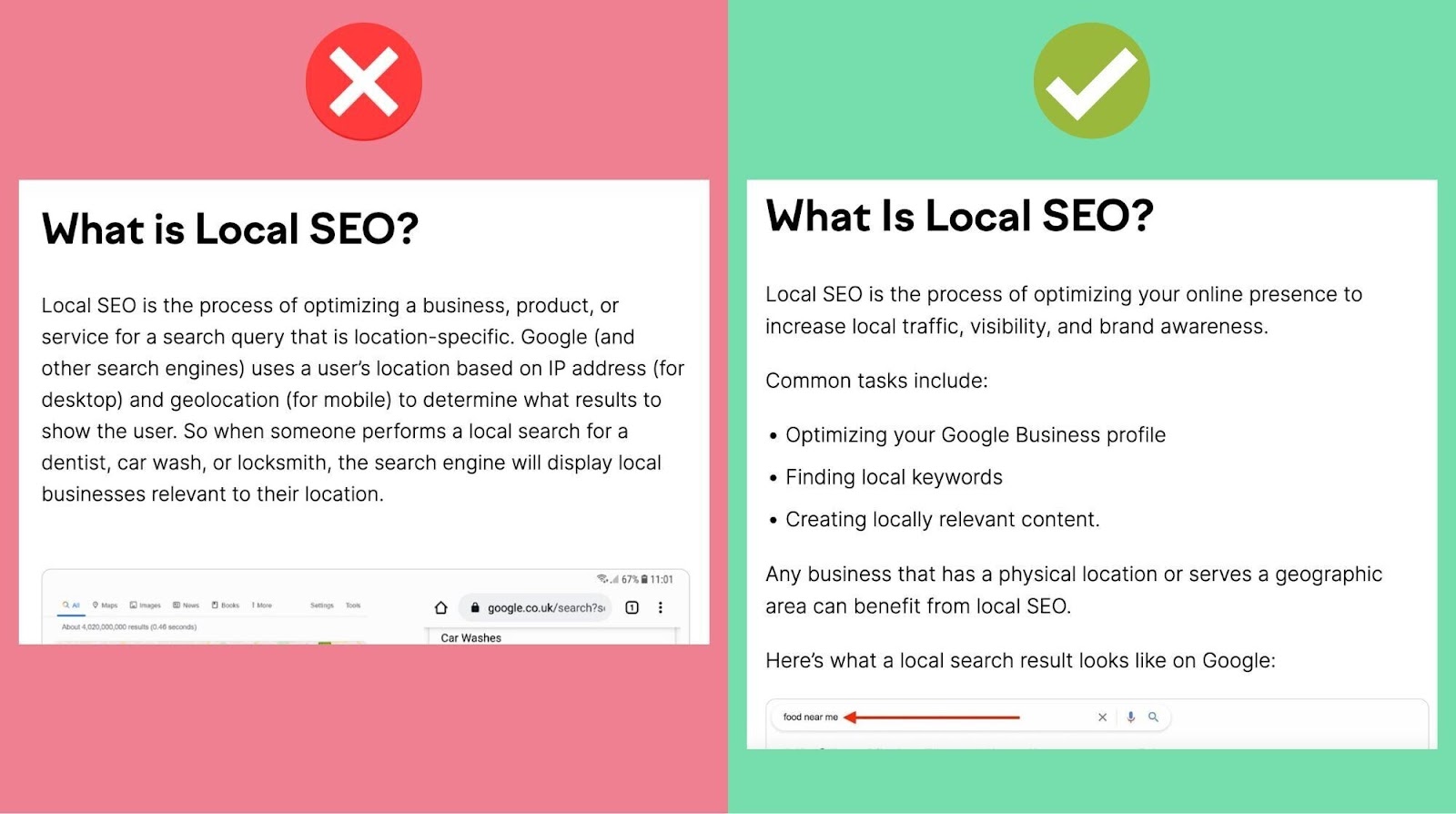 Long paragraph (left) and a short paragraph broken down (right) examples