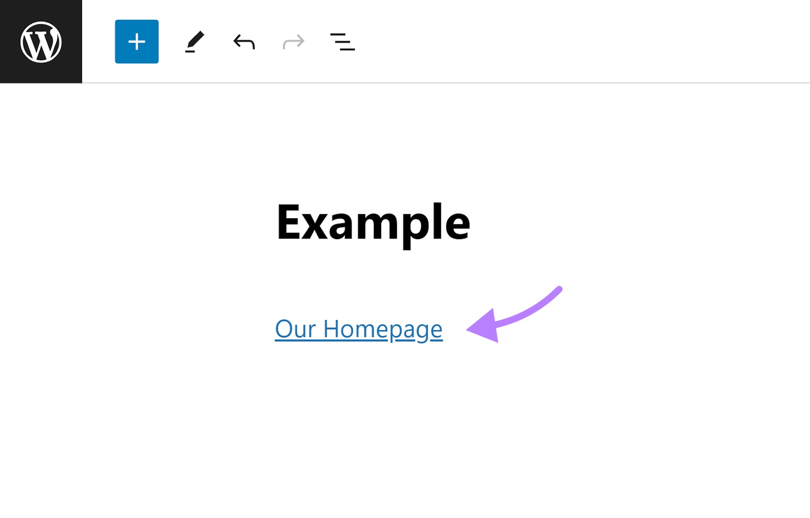 "Our Homepage" text linked successfully in WordPress