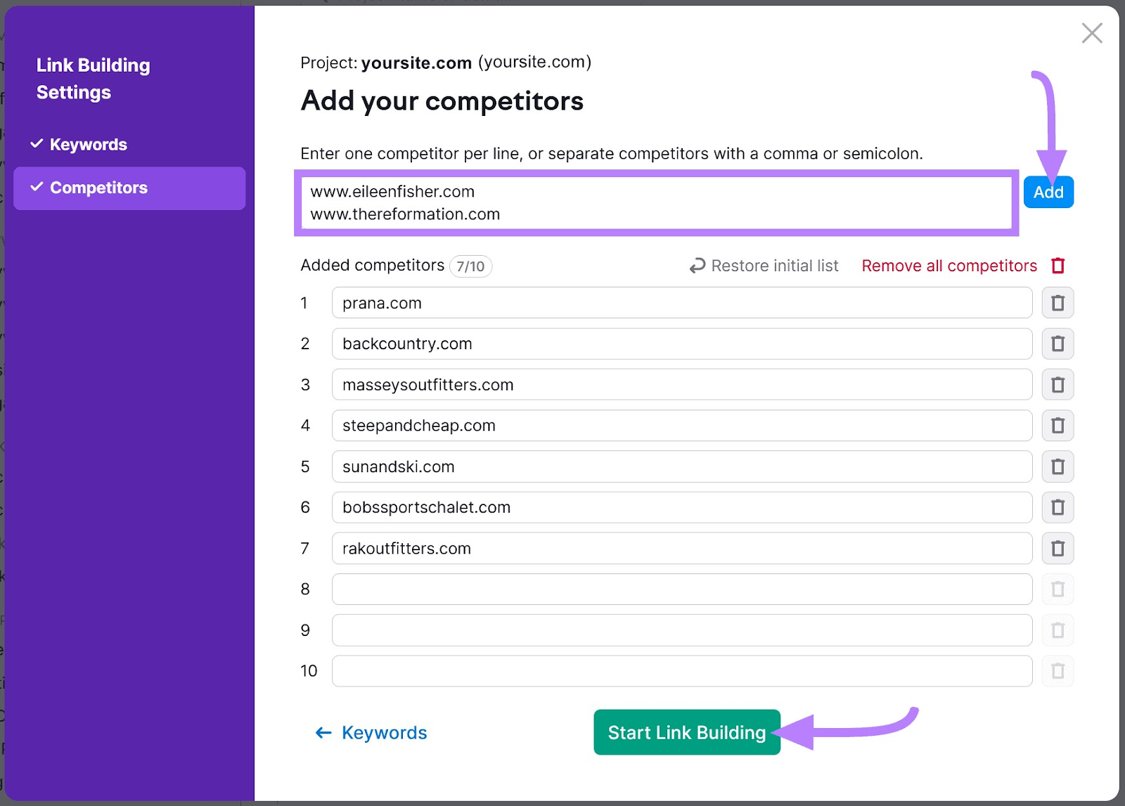 "Add your competitors" window in Link Building Settings