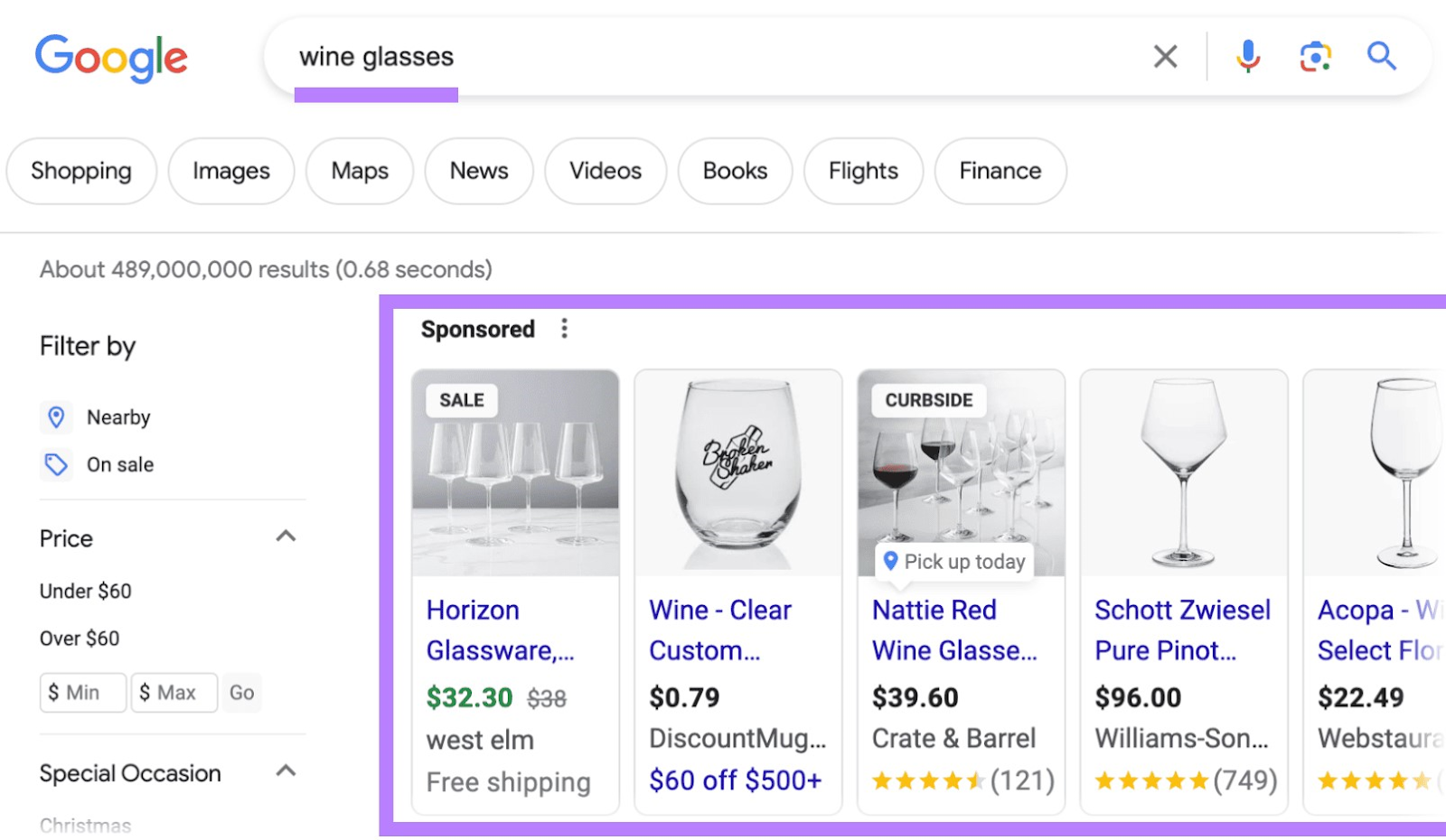 Google's results for “wine glasses” search