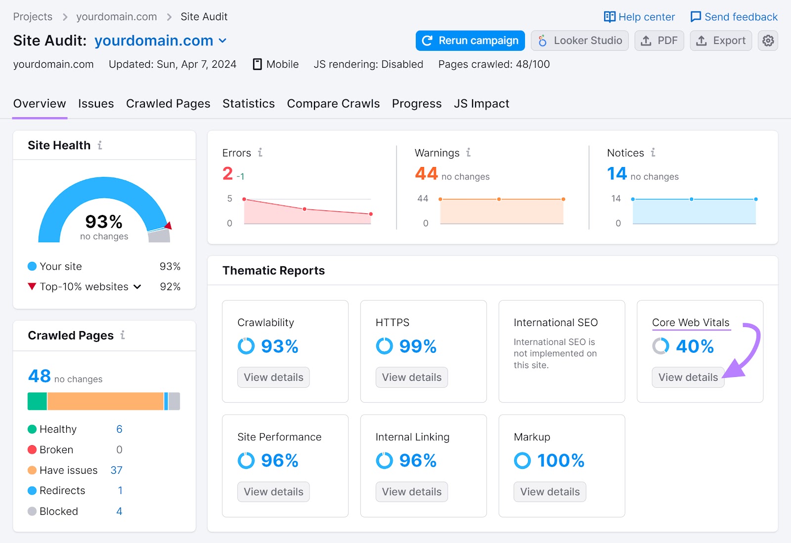 Site Audit tool "Overview" tab with an arrow pointing to the "View details" button within the "Core Web Vitals" section.