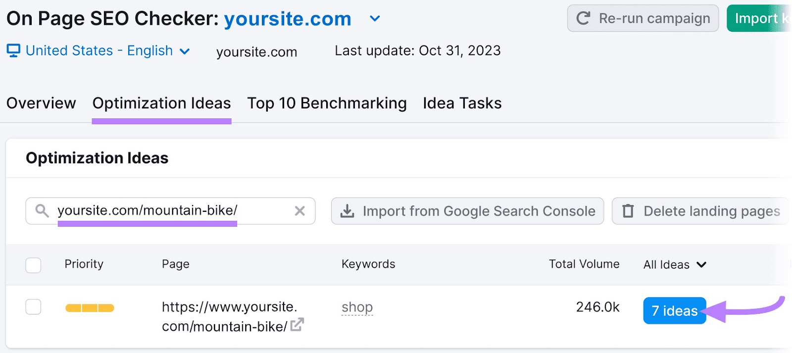 “Optimization Ideas” tab in On Page SEO Checker tool