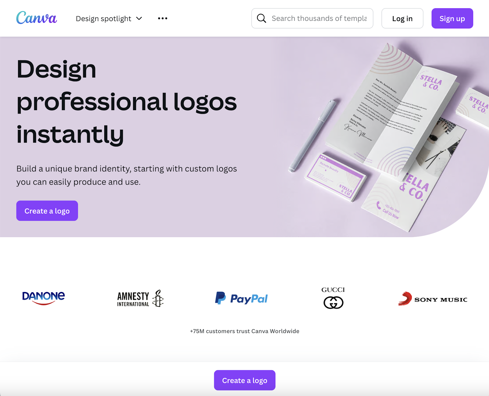 Landing page copy says design professional logos instantly. Build a unique brand identity, starting with custom logos you can easily produce and use.