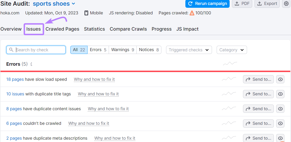 "Issues" tab in Site Audit