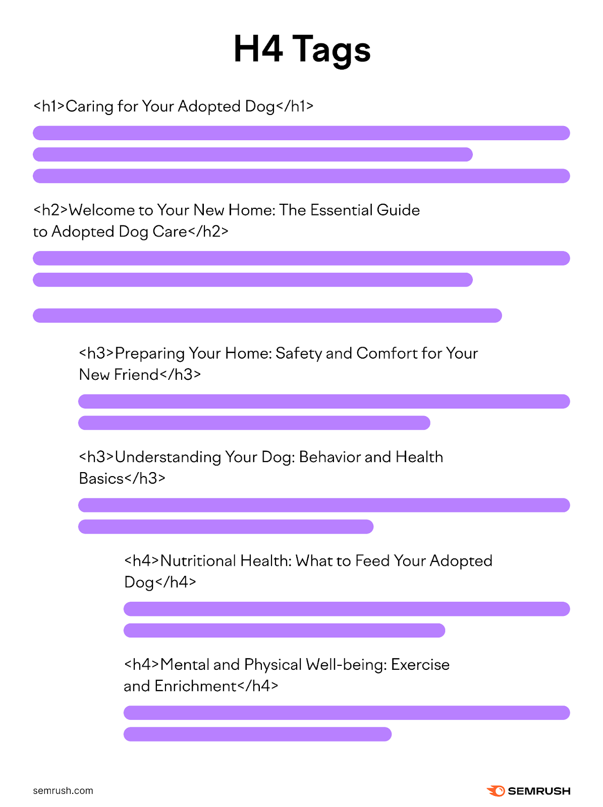 two h4 header tags added beneath the h3 about dog behavior and health. the h4 tags cover nutritional health and mental health