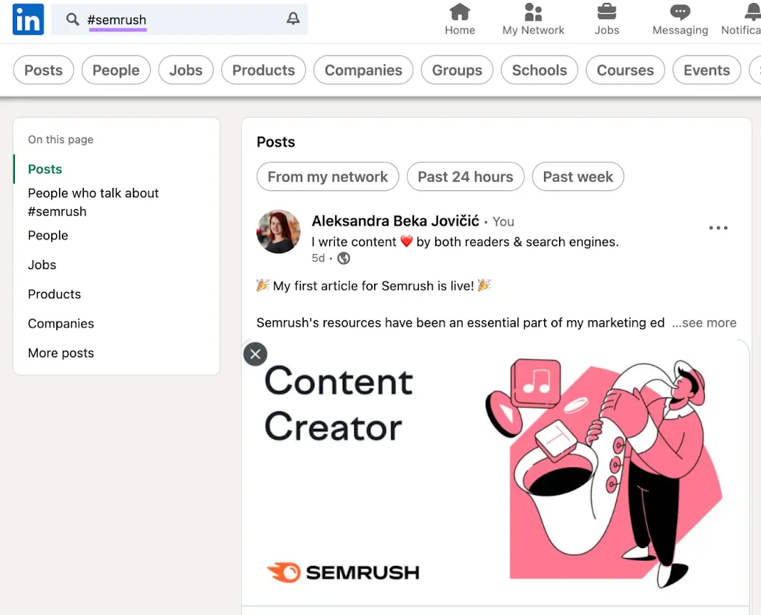 LinkedIn posts that include #semrush hashtag