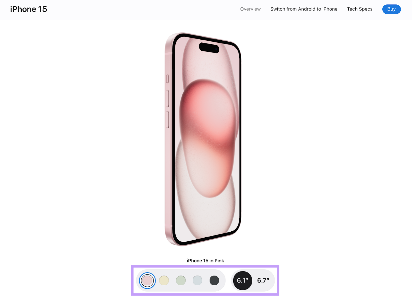 Apple website showing the pink Iphone 15 product page with a slider to change the color and size of the phone.