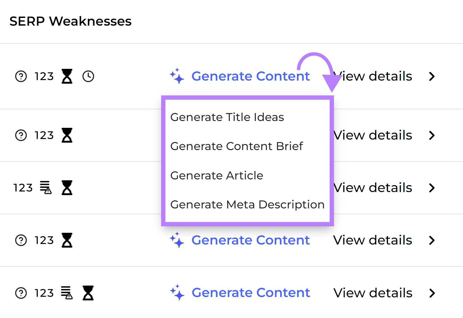 Generate Content button clicked to reveal options