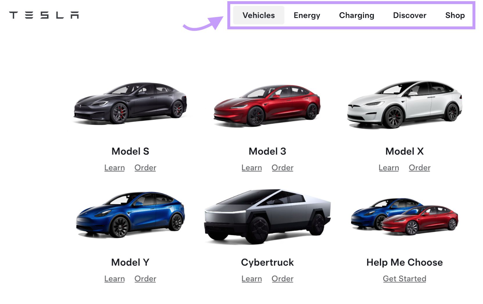 Tesla website showing 7 Tesla models and a navigation menu with options like vehicles, energy, discover and shop.