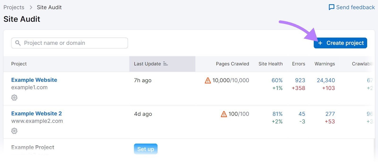 “+ Create project” button in Site Audit