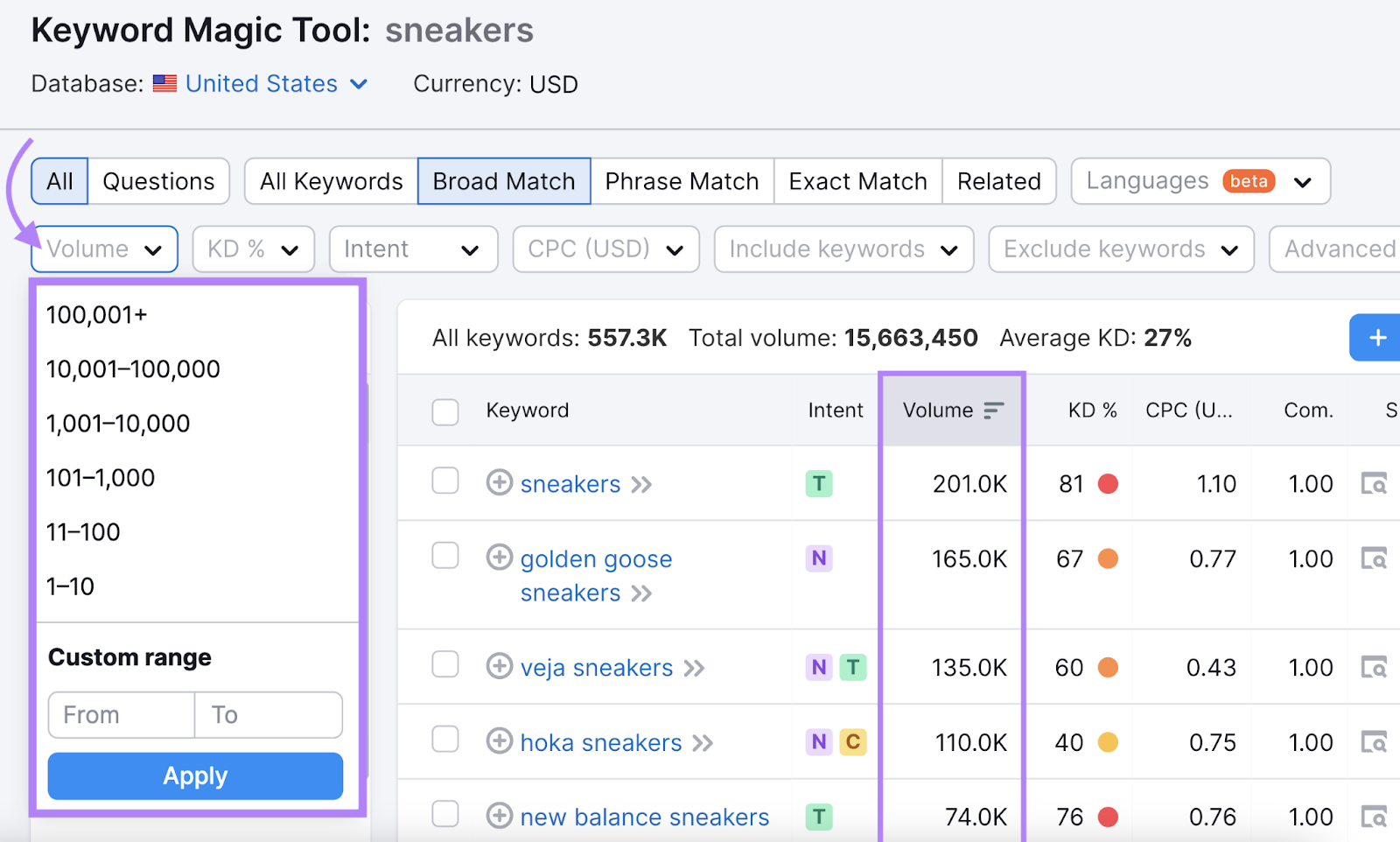 Filtering results based on volume in Keyword Magic Tool