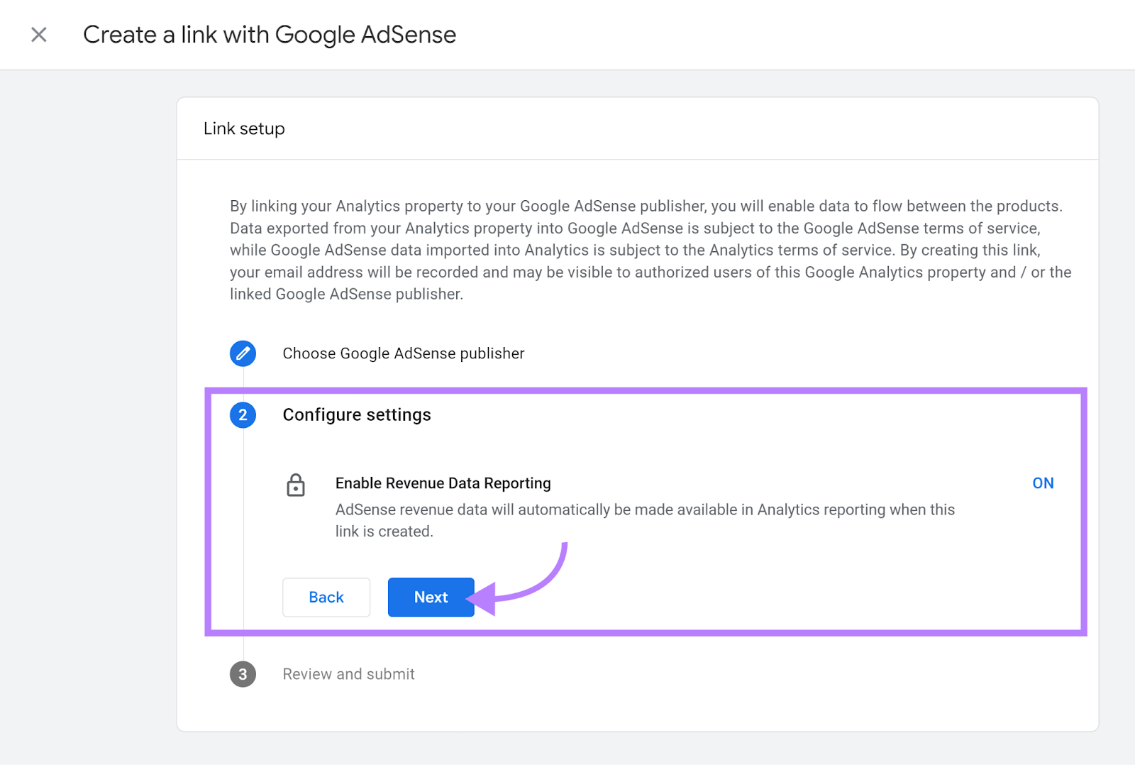 Step 2 Configure Settings highlighted with arrow pointing to Next button