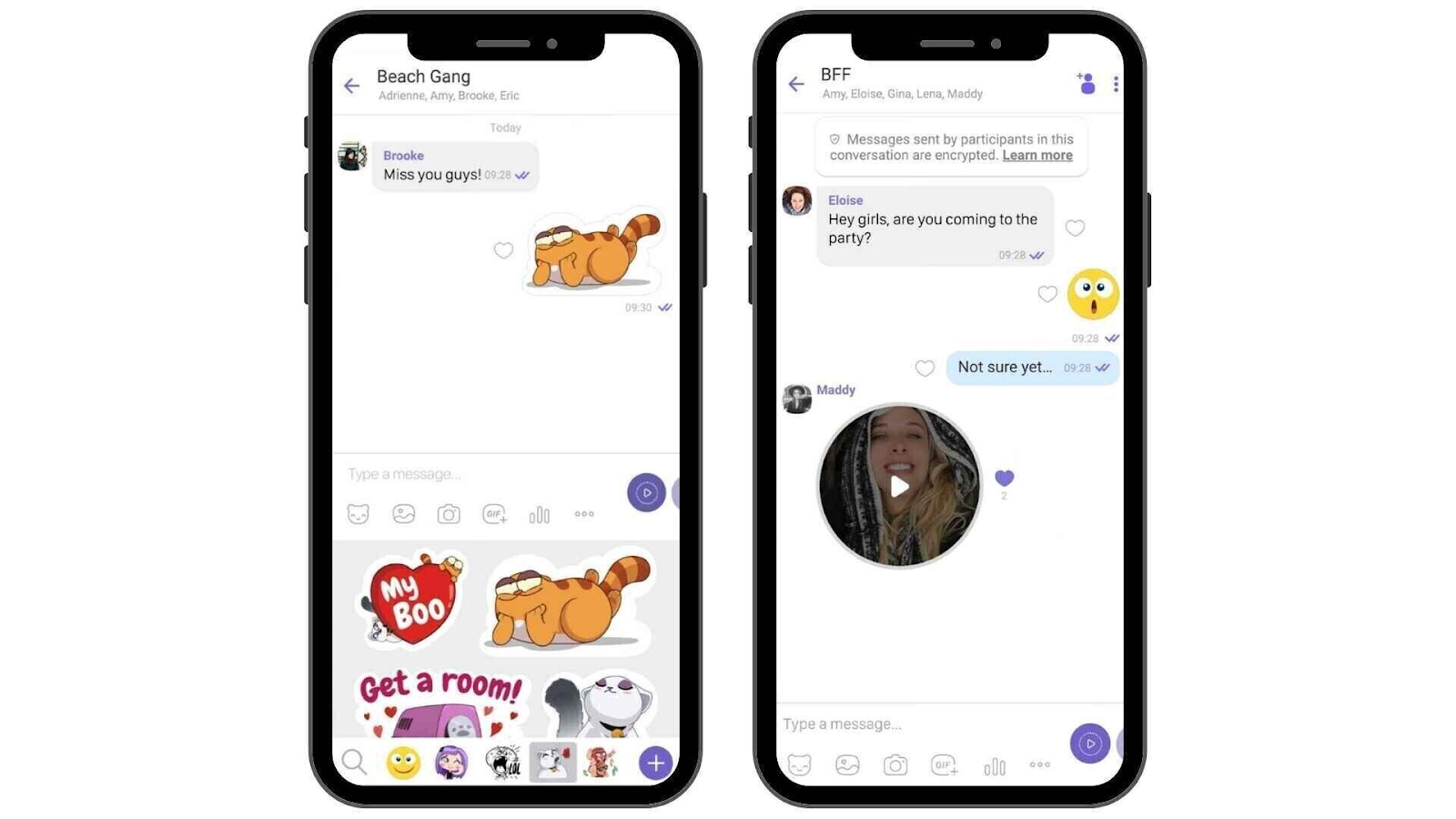 mobile app user interface shows video messaging, text messaging, and stickers