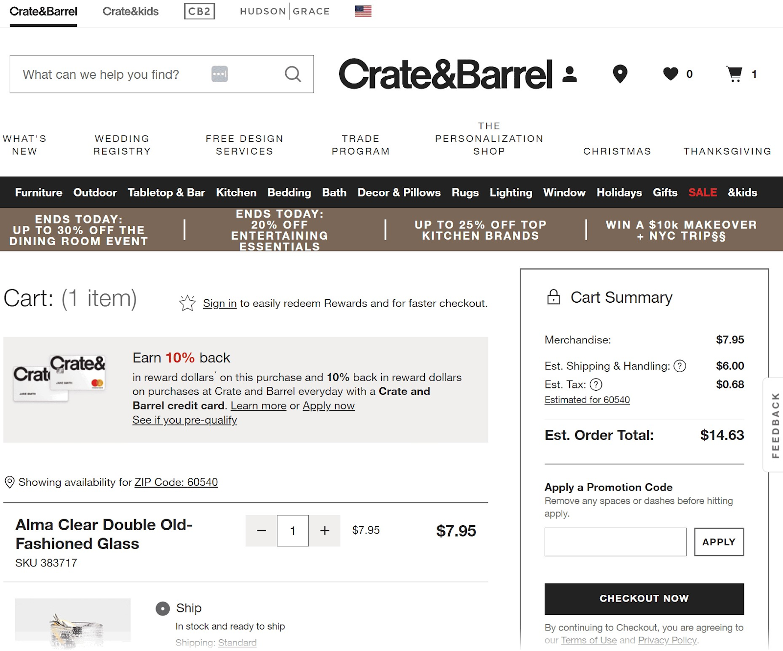 Crate & Barrel website on desktop