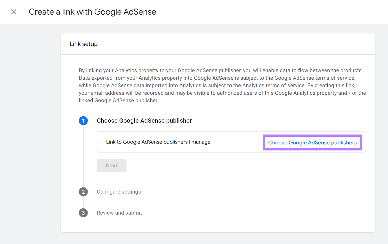 Link setup step one with Choose Google AdSense publishers link highlighted