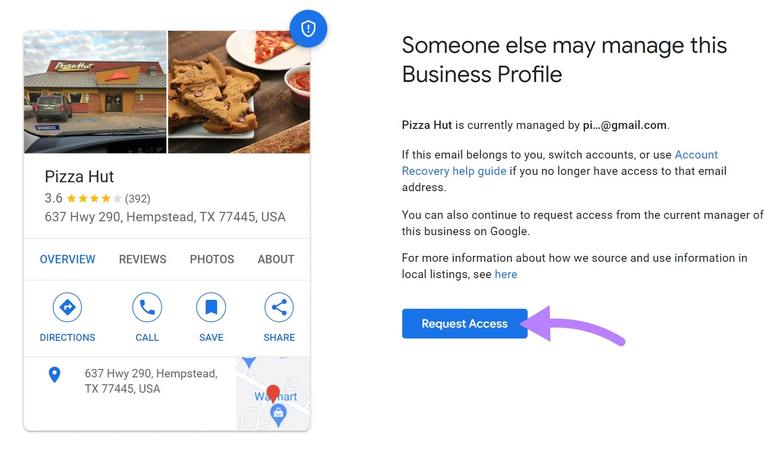 "Request Access" button highlighted next to the "Pizza Hut" business found in GBP page