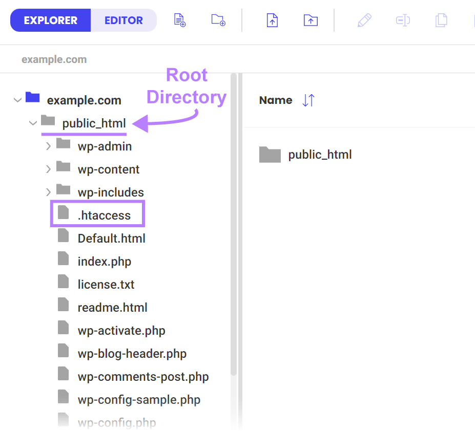 Website host file manager showing the .htaccess file is inside the public_html folder, or root directory.