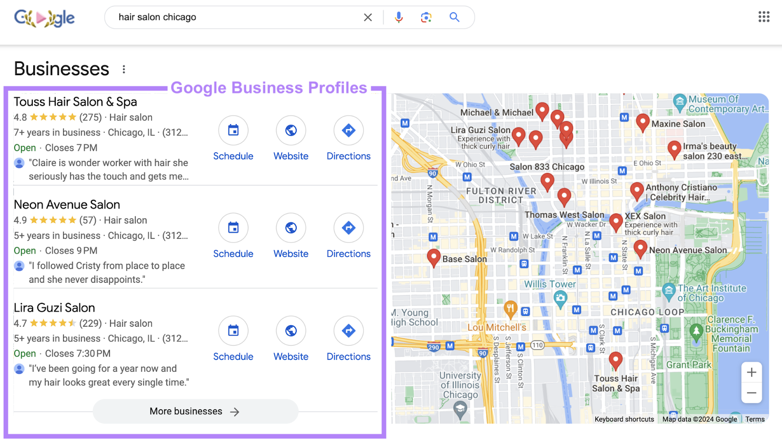 local pack of business listings highlighted at the top of the serp and to the left of the google map