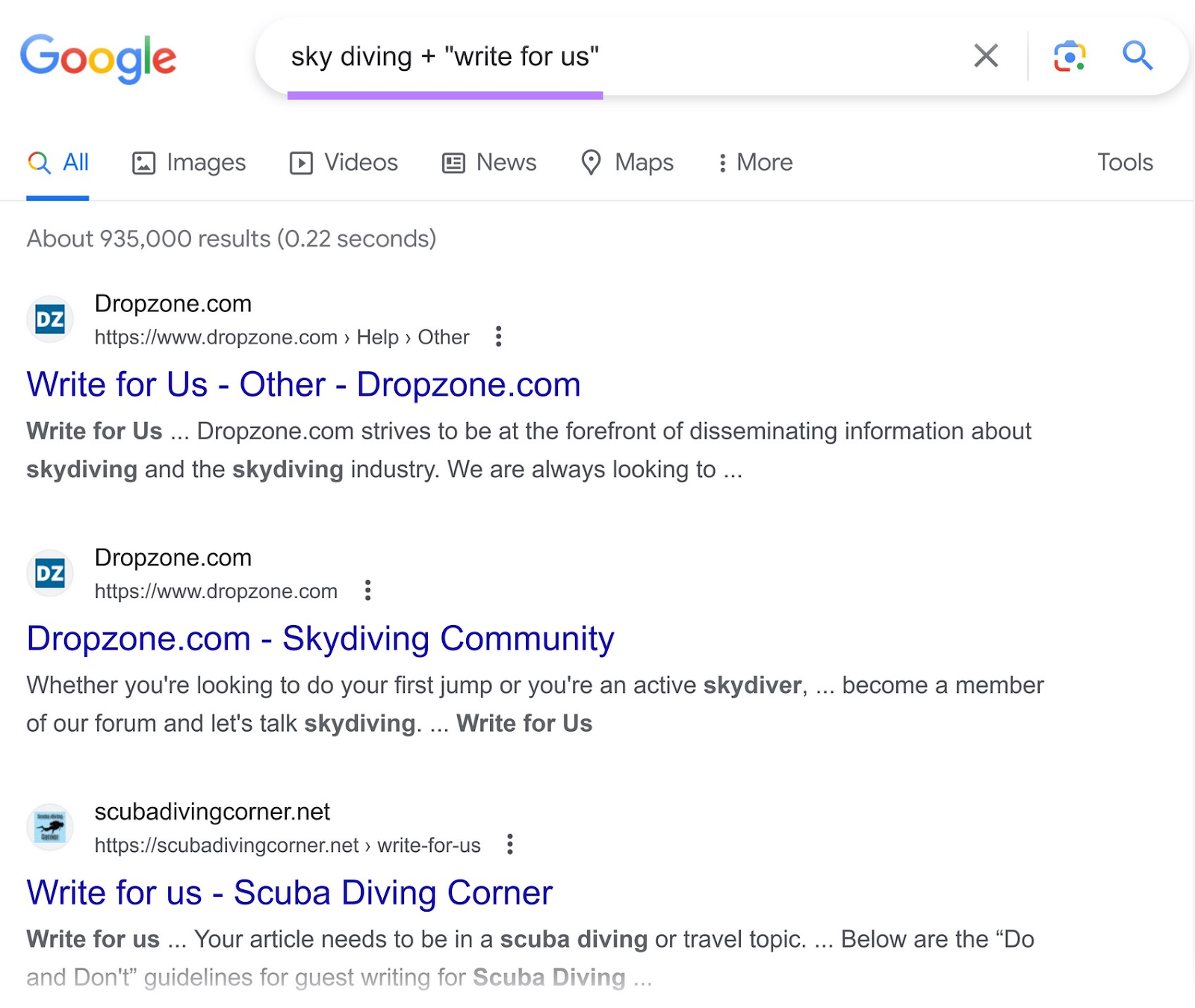 Google SERP for “sky diving + write for us” query