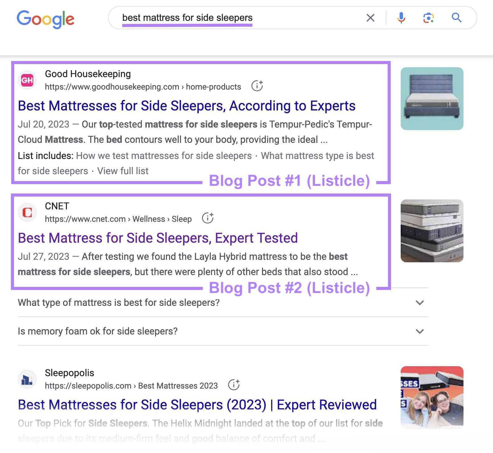 Google SERP for “best mattress for side sleepers”