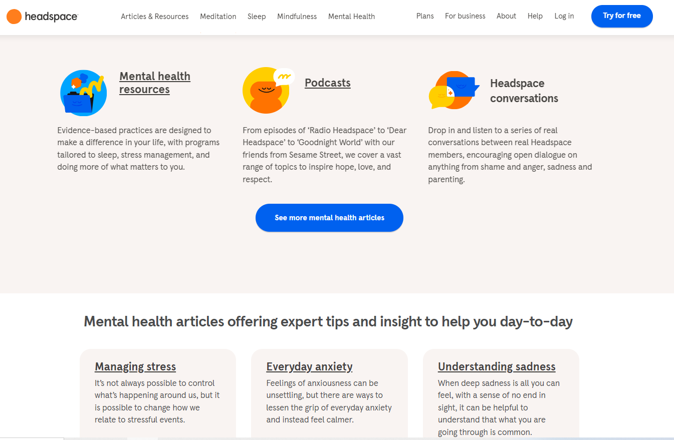 Headspace homepage showing clickable options to learn more about mental health such as podcasts and other resources.