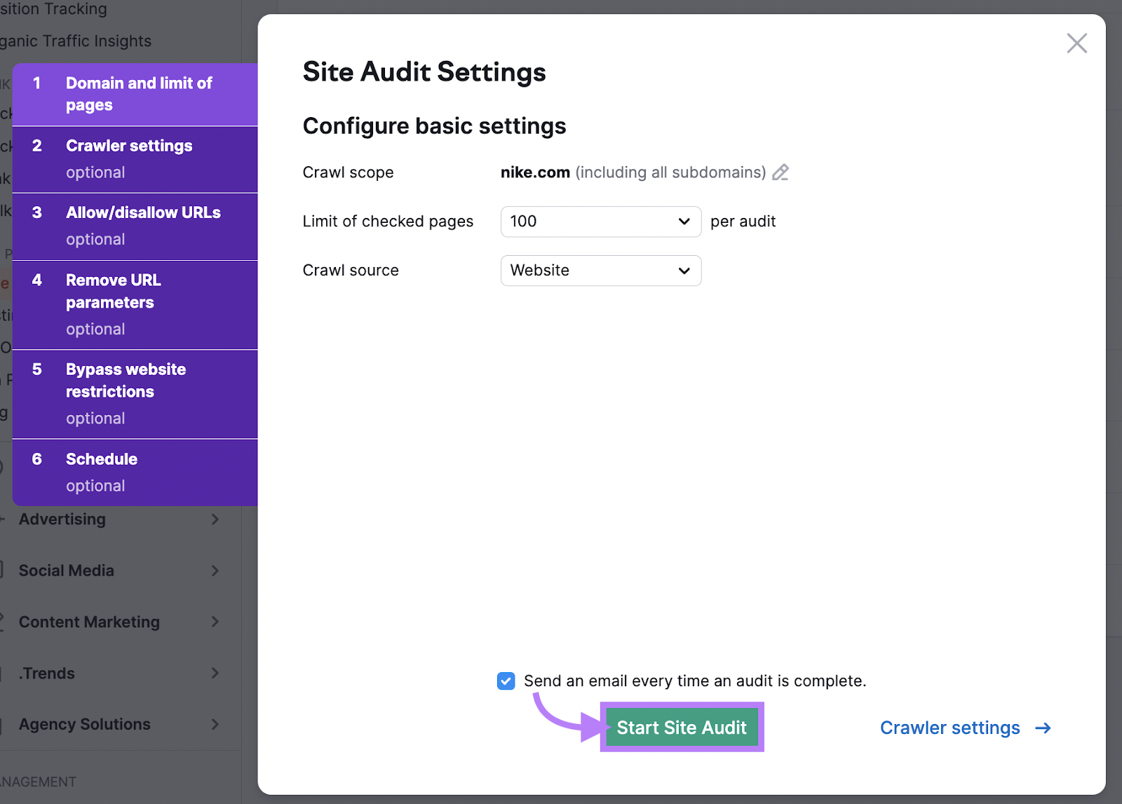 “Site Audit Settings” window