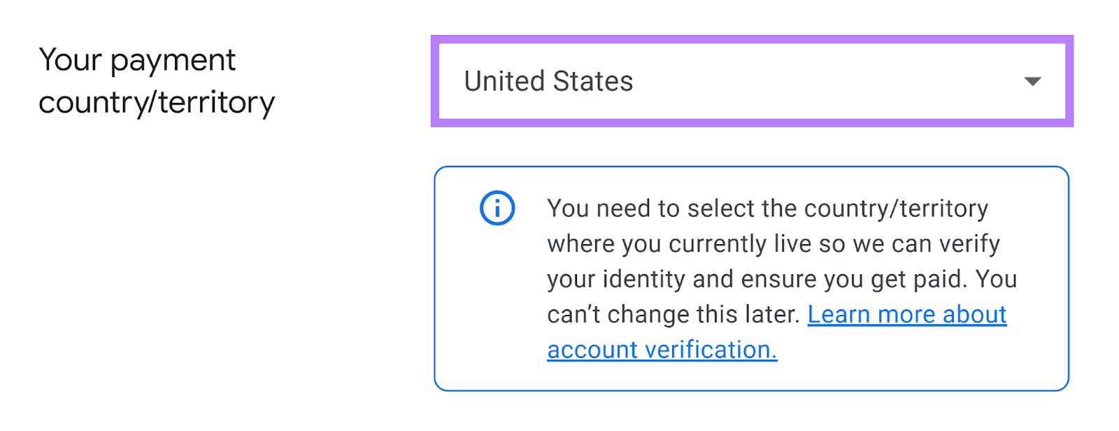 Payment country set to United States and dropdown highlighted