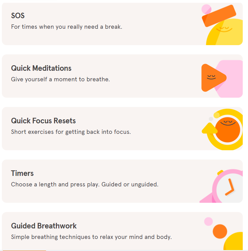 Headspace CTA buttons featuring options like quick meditations, quick focus resets and guided breathwork.