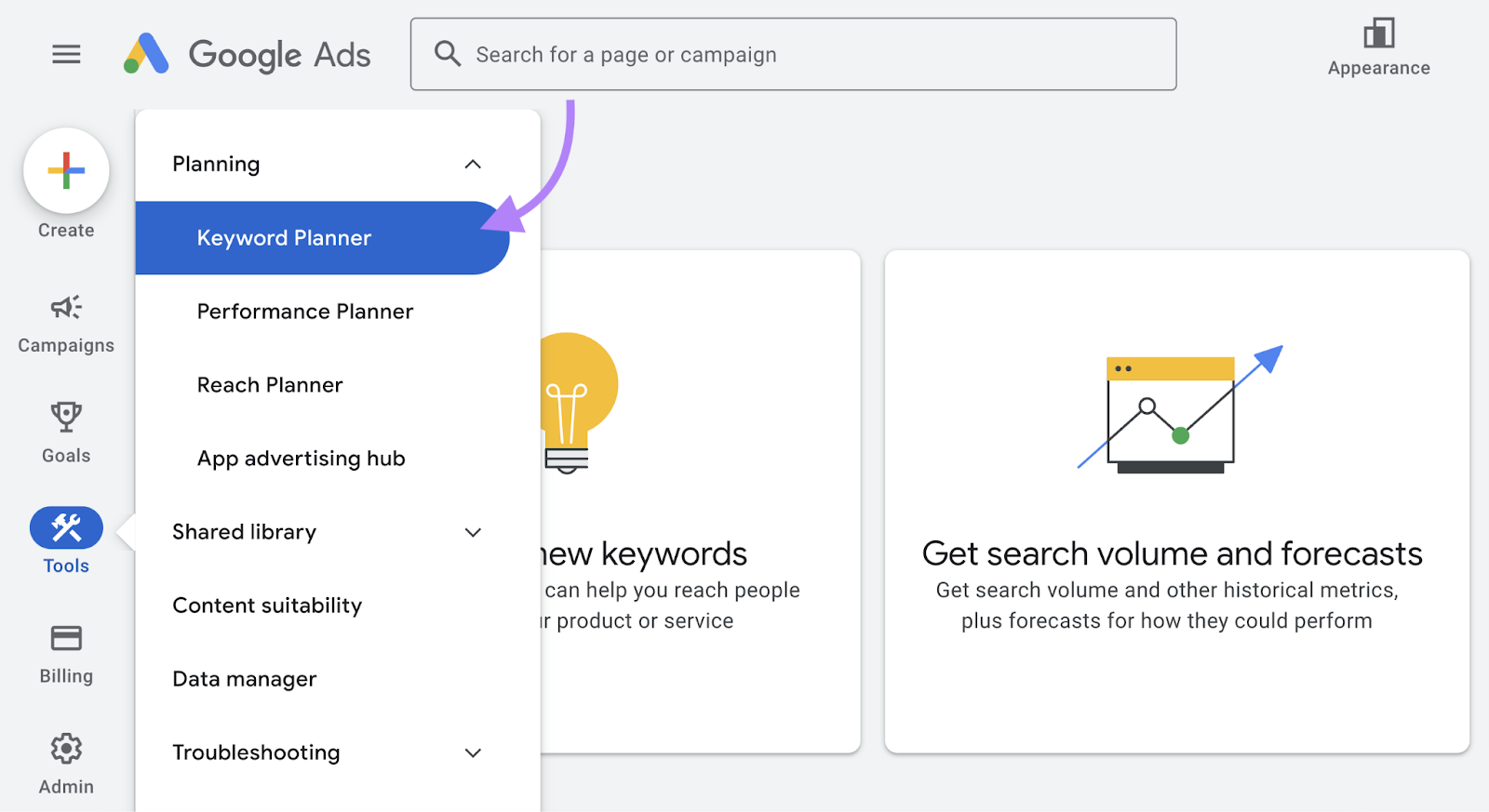 navigate to Google Keyword Planner