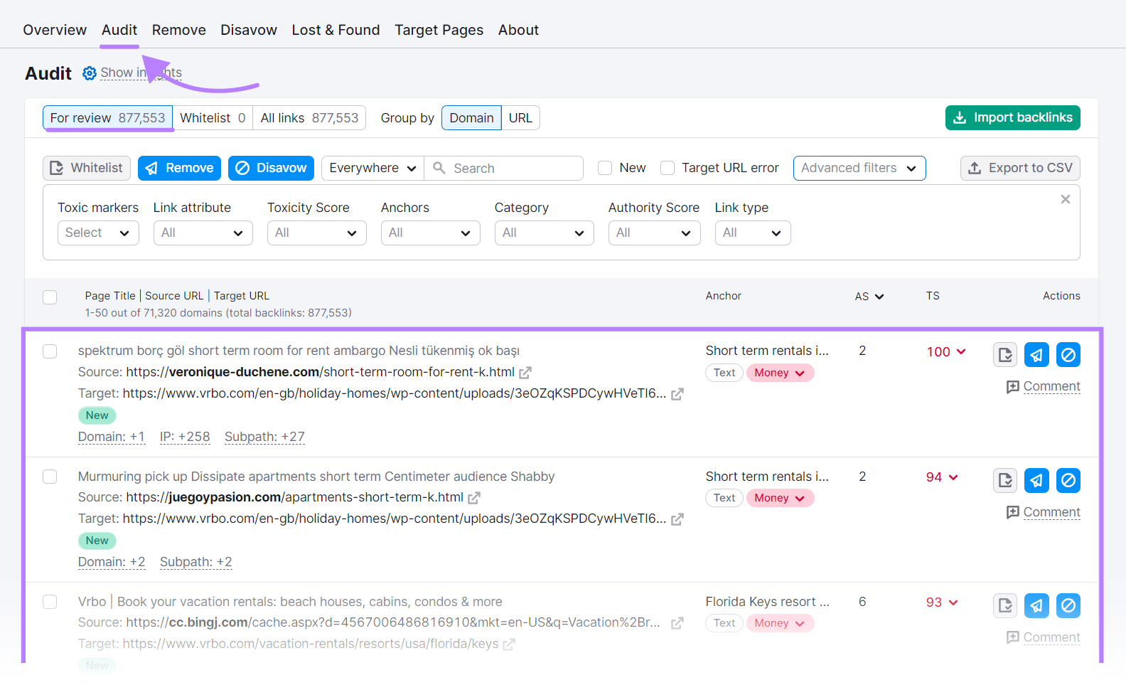 "Audit" dashboard in the Backlink Audit tool