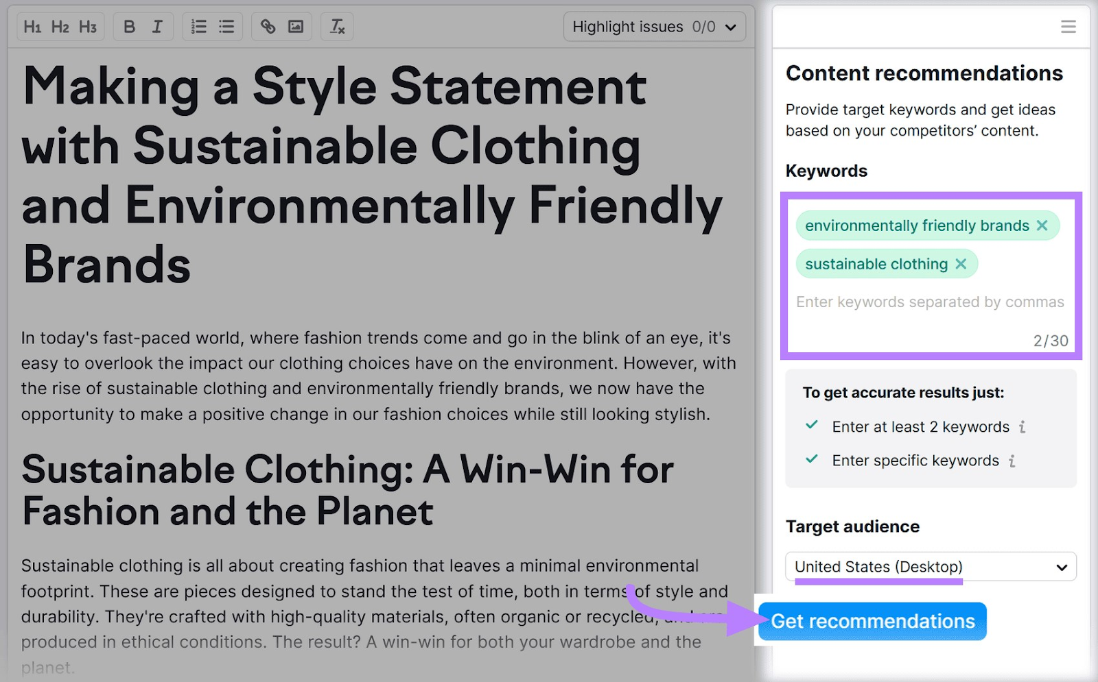 Content and keywords: "environmentally friendly brands," and "sustainable clothing" added to SEO Writing Assistant editor