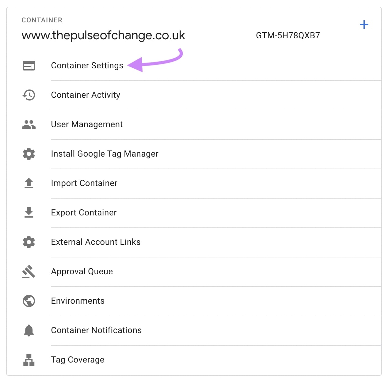 “Container Settings" option selected from the GTM Admin panel