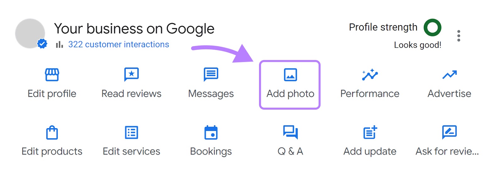 “Add photo" option highlighted in GBP dashboard